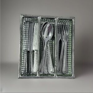 Vintage German Toy Doll Miniature Metal Silverware Set in Metal Tray